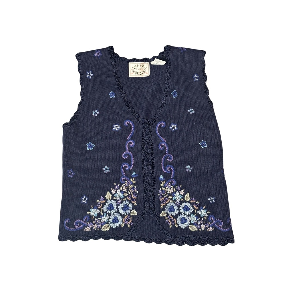 Vintage‎ Erika Floral Embroidered Knit
Vest - Cottagecore Navy Blue